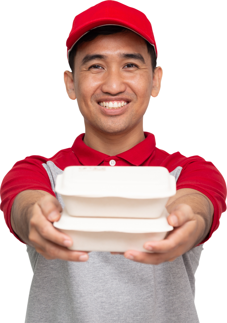Food delivery man holding food box, Delivery express
